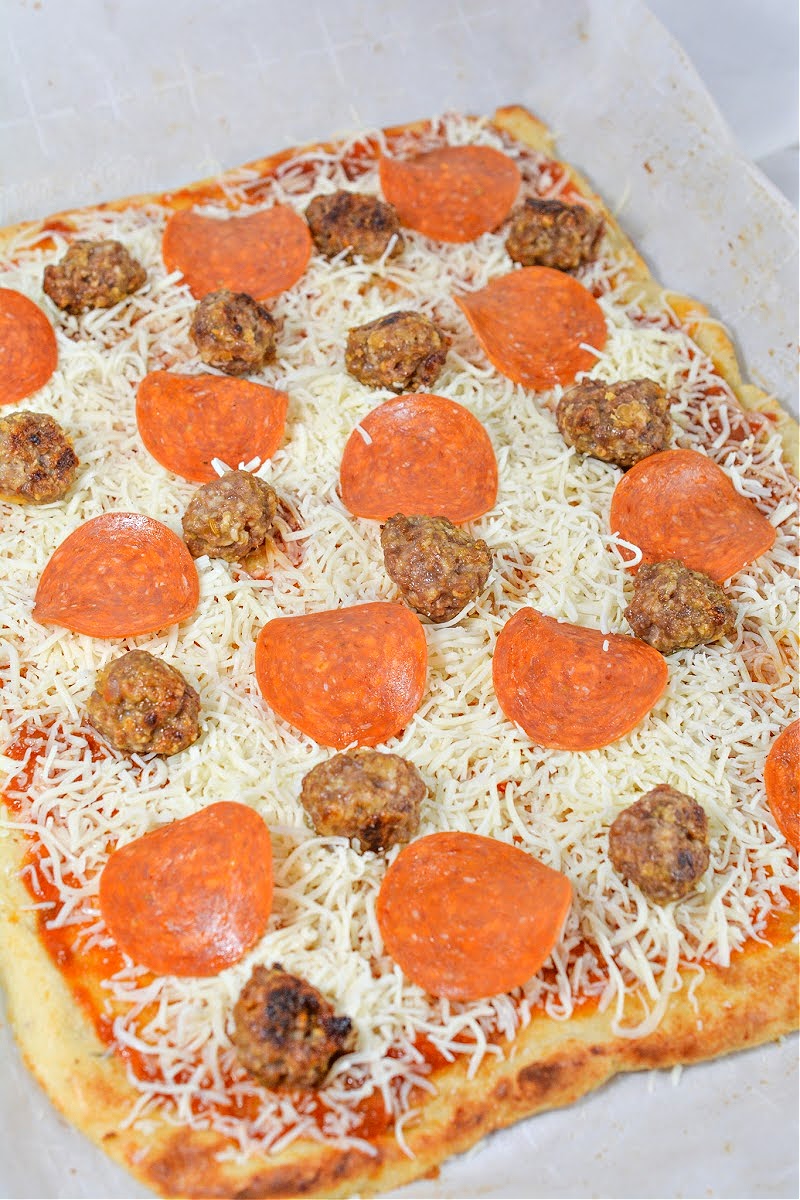 Keto Sausage Pepperoni Sheet Pan Pizza