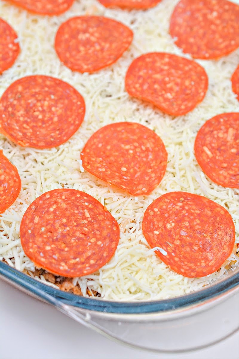 Keto Pepperoni Pizza Spaghetti Bake With Sausage
