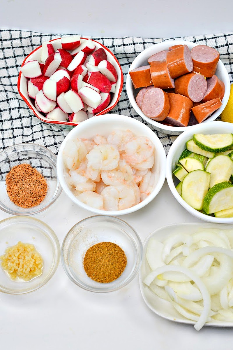 The ingredients that you need to make Low Carb Shrimp Boil Foil Packets