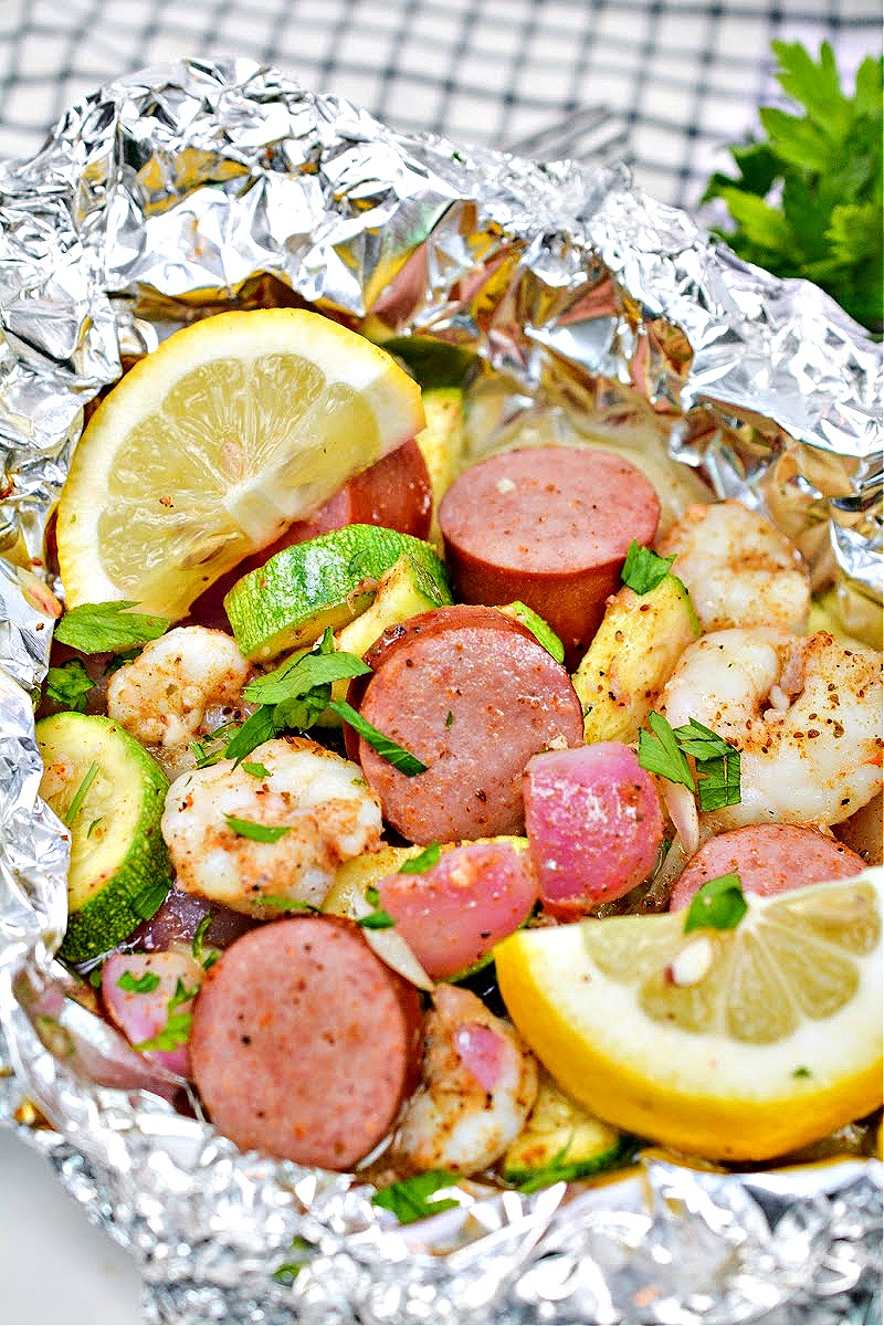Fully cooked Low Carb Shrimp Boil Foil Packets