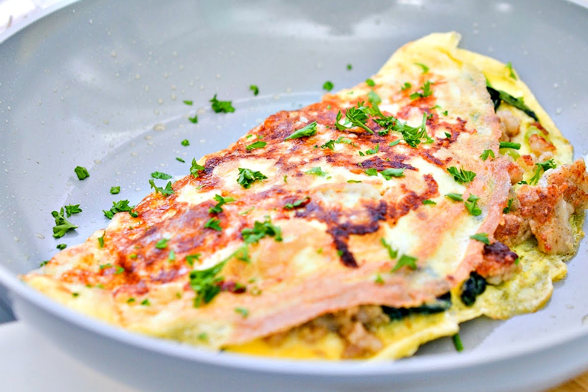 An inside out omelette in a skillet