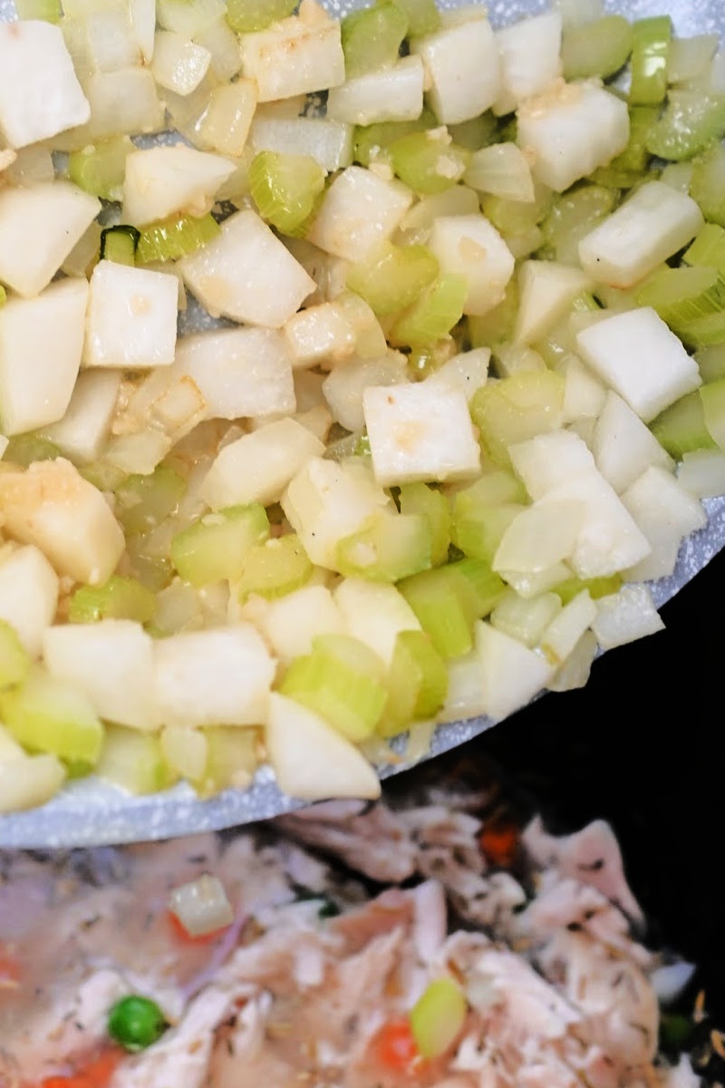 Onions and celery for Keto Chicken Pot Pie Soup