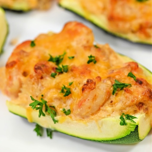 Keto Cheesy Shrimp Zucchini Boats